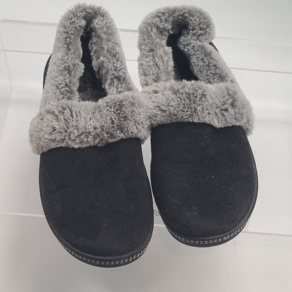 Skechers Cali Memory Foam Black Gray Women's Faux Fur Clog Slippers US Size 8